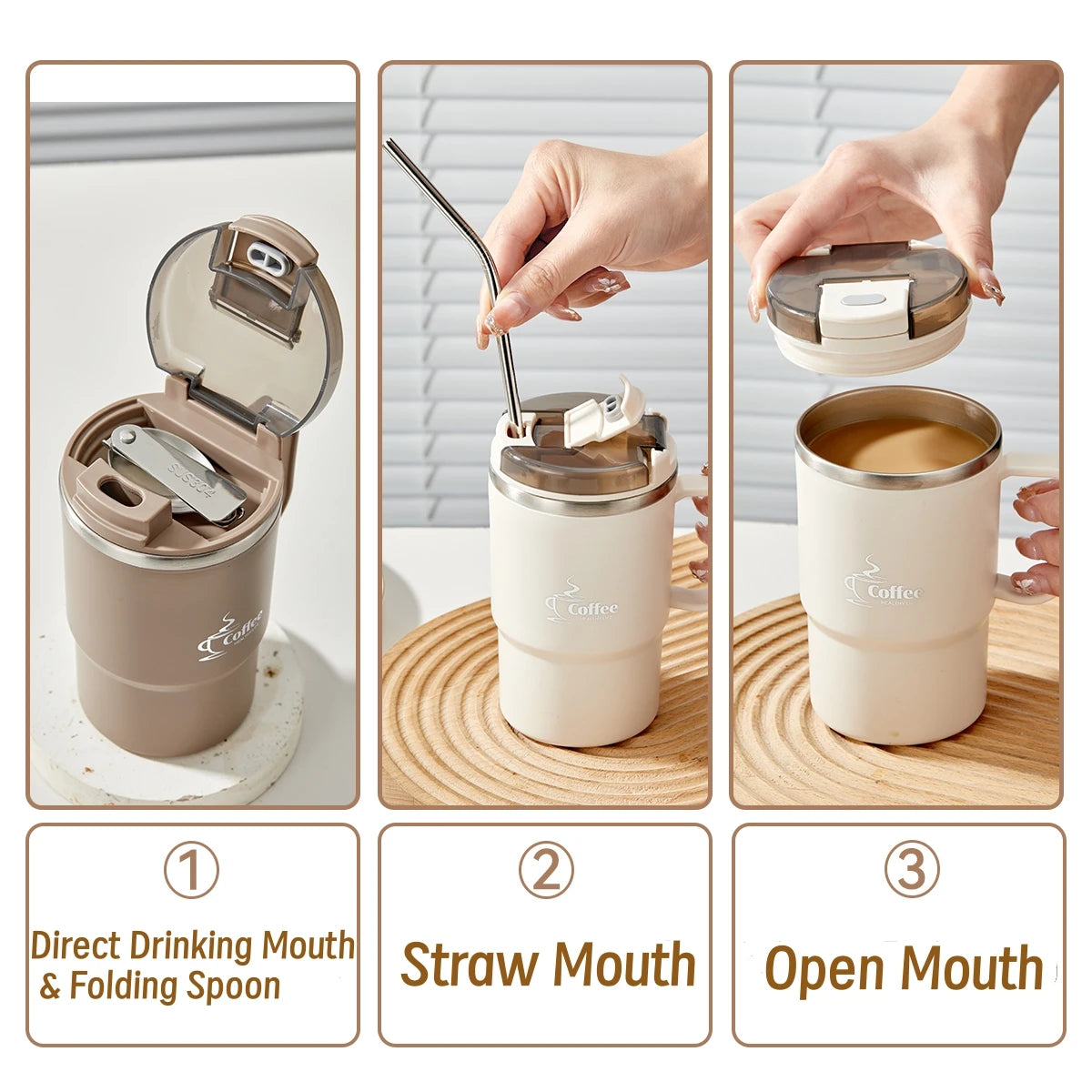 WORTHBUY 304 Stainless Steel Mug Double Layer Insulated Coffee Cup With Spoon & Strainer Sealed Thermal Cup For Student Adult