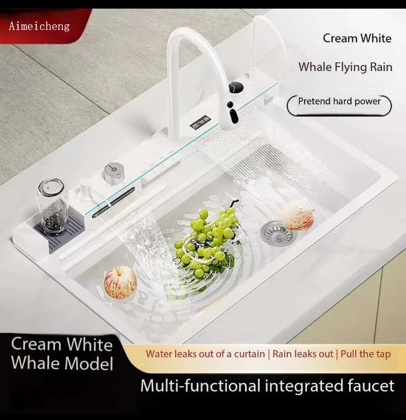 White flying rain waterfall sink integrated multi-functional large single slot 304 stainless steel vegetable washing sink