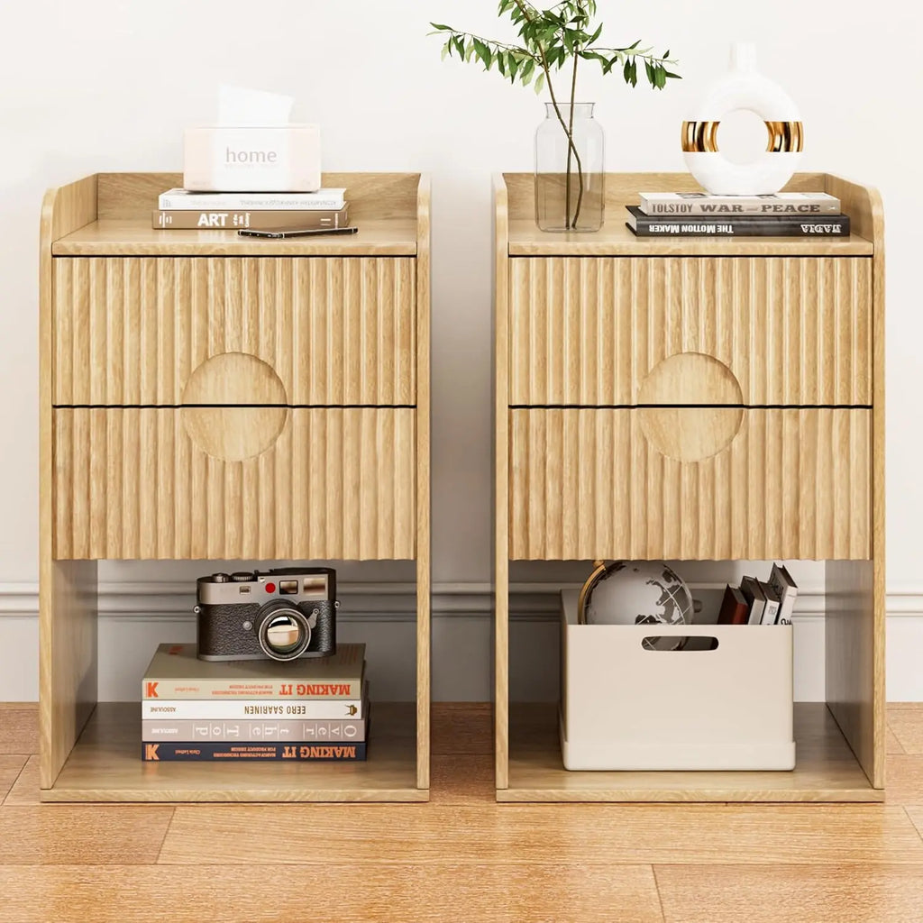 Narrow Fluted Nightstand Set of 2, Wooden Small 2 Drawer Nightstand, Slim Side End Table, Vintage Bedside Table,, Customized
