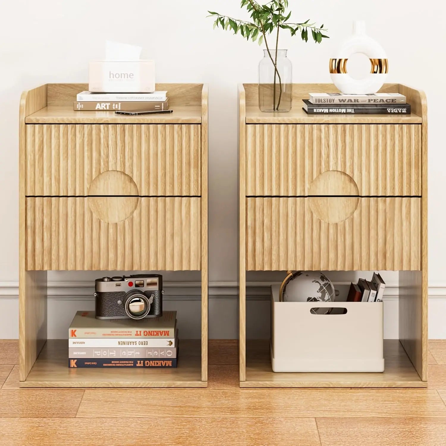 Narrow Fluted Nightstand Set of 2, Wooden Small 2 Drawer Nightstand, Slim Side End Table, Vintage Bedside Table,, Customized