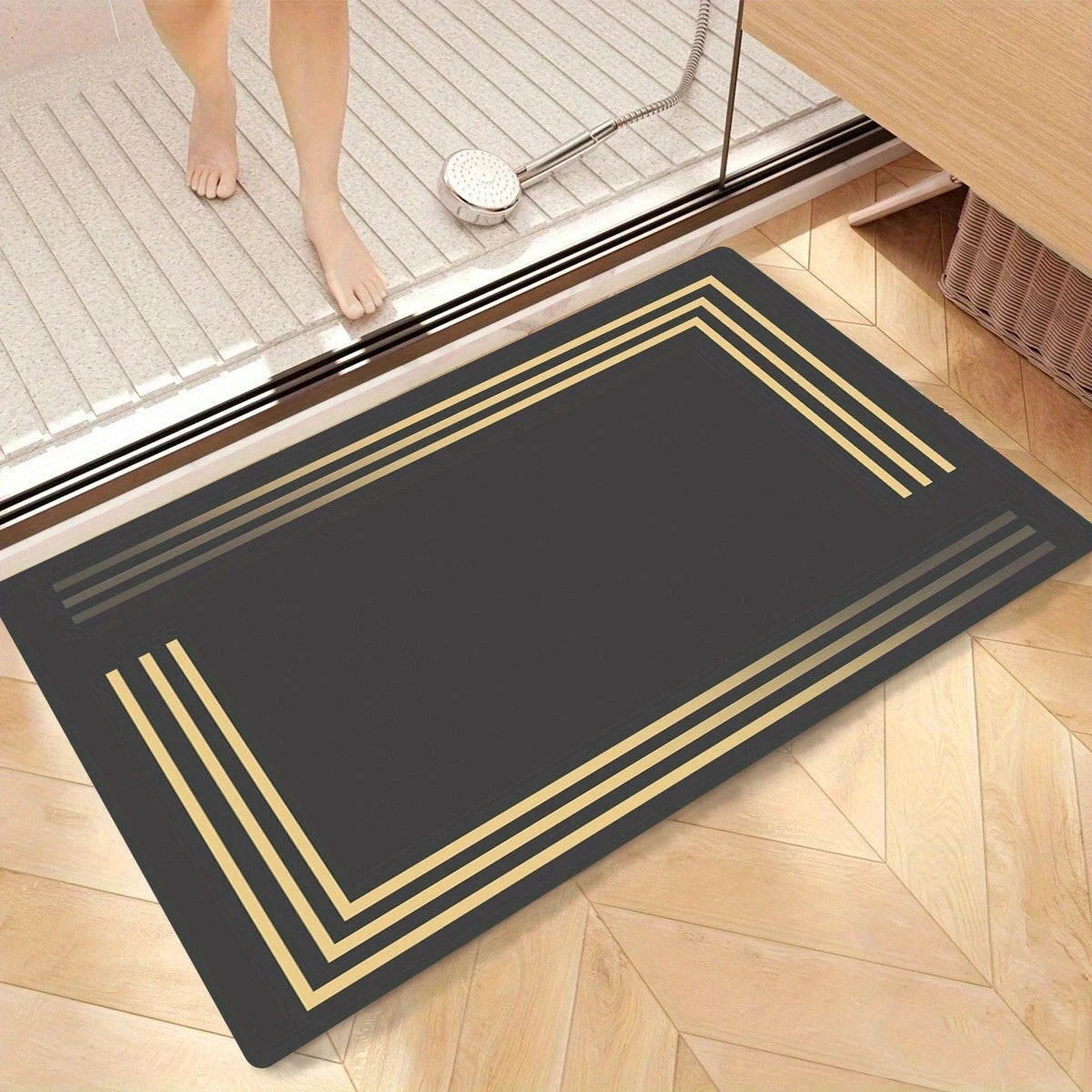 Luxurious thick anti-slip diatom mud floor mat - soft, water-absorbent, quick-drying, with elegant grey and gold striped design.