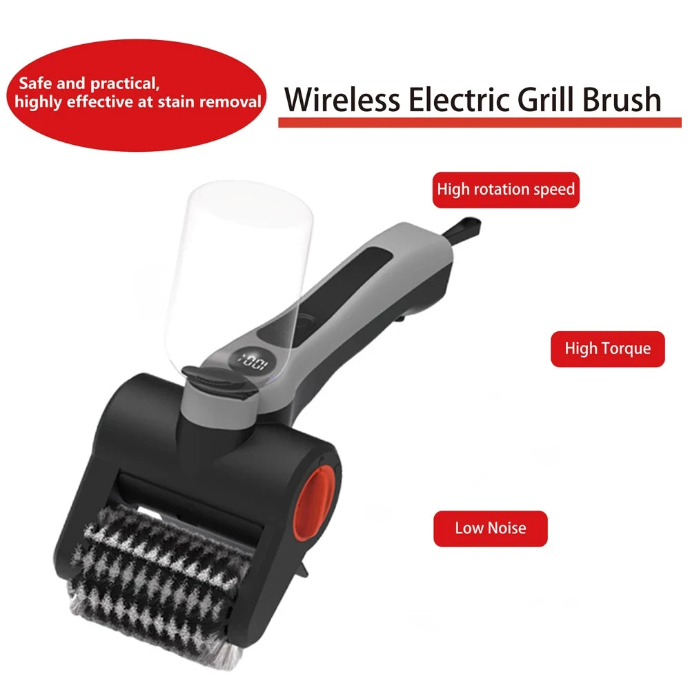 Cordless Electric Grill Brush, Stainless Steel Brush Head Removable, 2-Speed Power Rechargeable for BBQ Grates Kitchen Stove