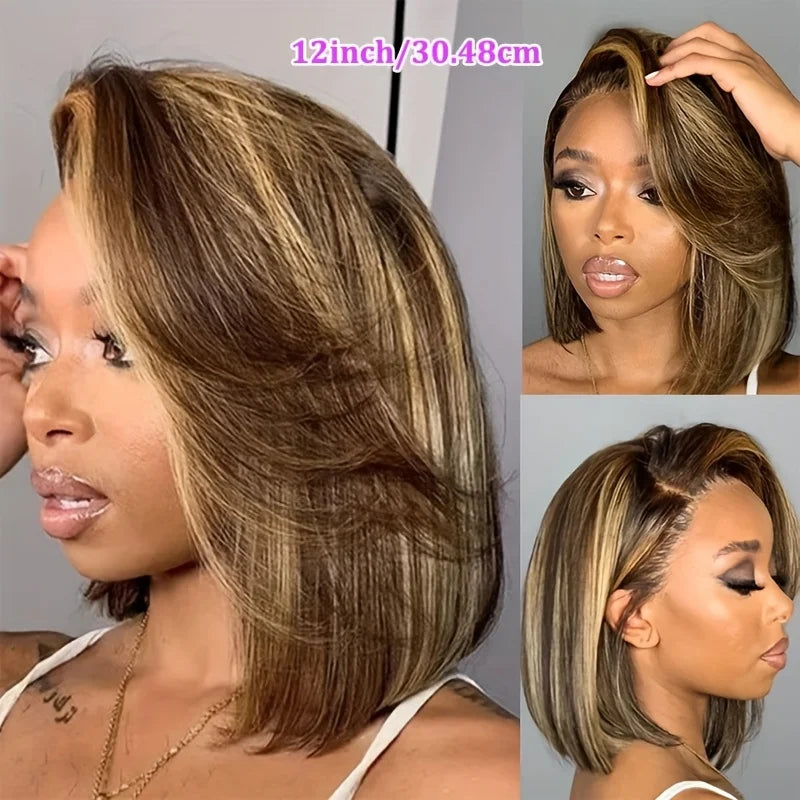 Blonde Highlight Straight Short Bob Ombre Wig 220% Density 4/27 Honey Blonde Lace Front Straight Wigs Human Hair For Women