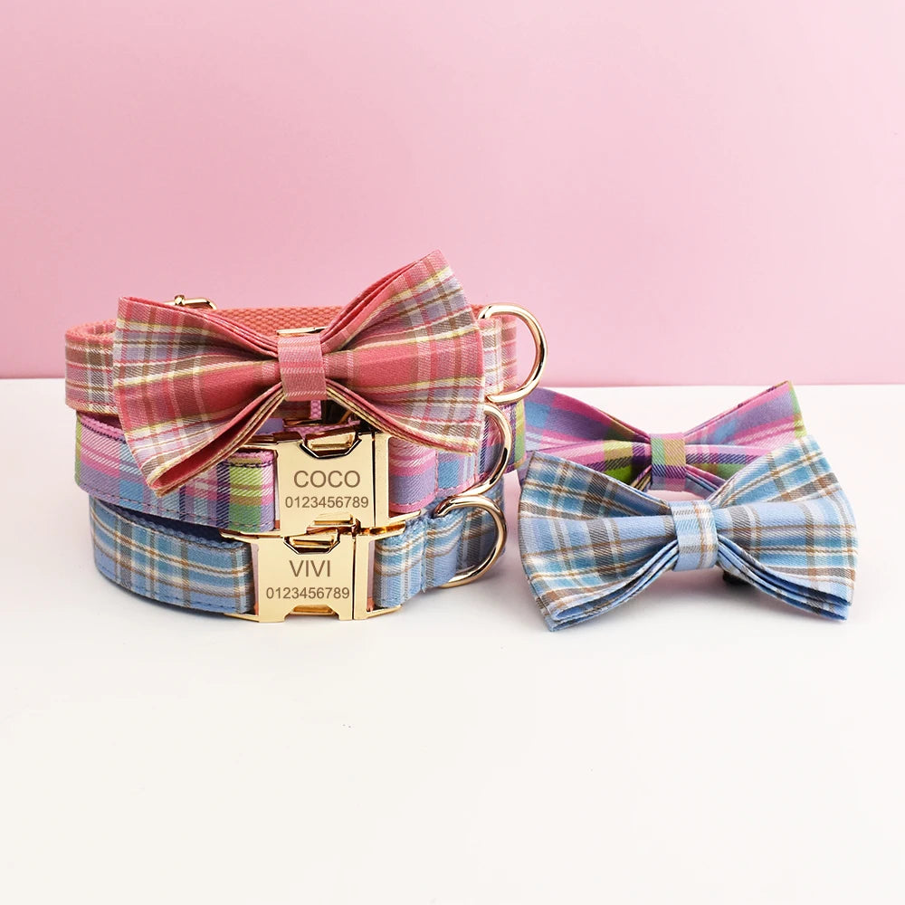 Plaid Dog Collar And Leash Set For Dogs Custom Engraved Nameplate Pet Supplies Dog Leash Grid