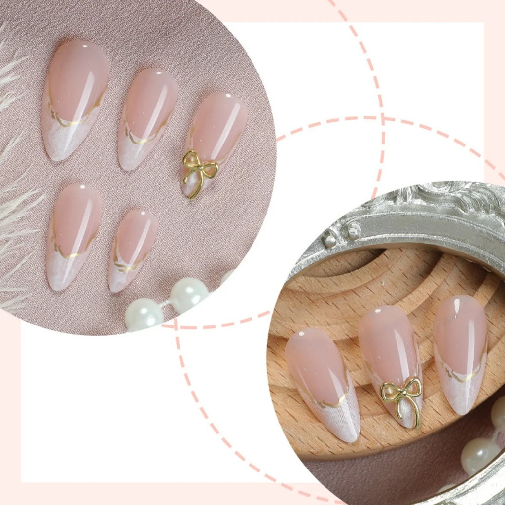 French Gold Edge Bow Press On Nails Almond Shape, Sweet Cute Women's False Nails Glue On Nail Tips