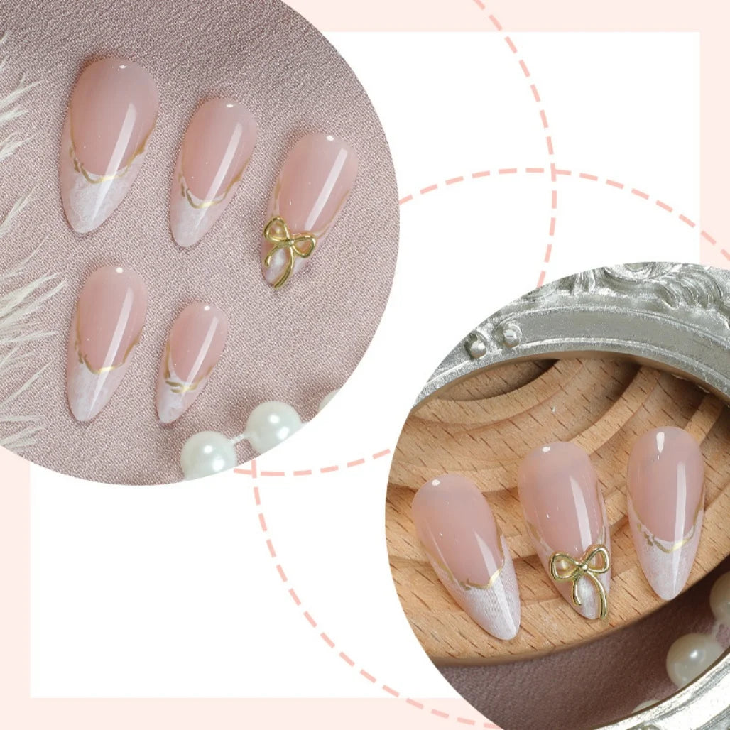 French Gold Edge Bow Press On Nails Almond Shape, Sweet Cute Women's False Nails Glue On Nail Tips