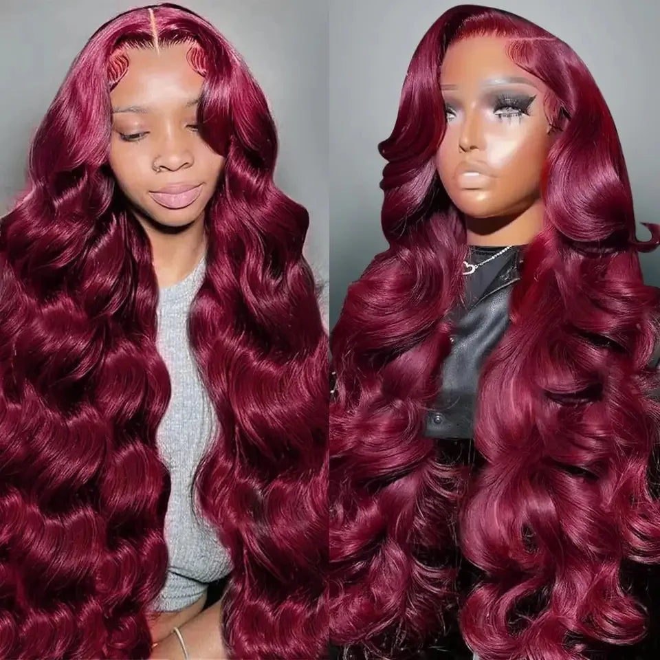 99J Red Burgundy Color Loose Wave 13X4 Lace Frontal Synthetic Wig For Women Natural Hairline Baby Hair Preplucked Bleach Knots