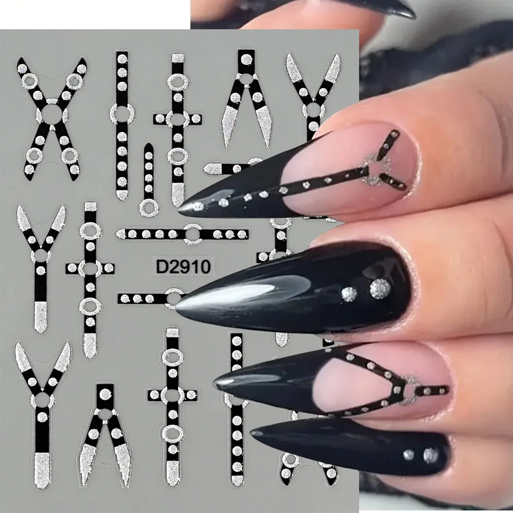 1pcs Gothic Punk Black Line Nail Art Sticker Glitter Black Bandage Design Adhesive Nail Decals DIY Stripes Manicure Accessories