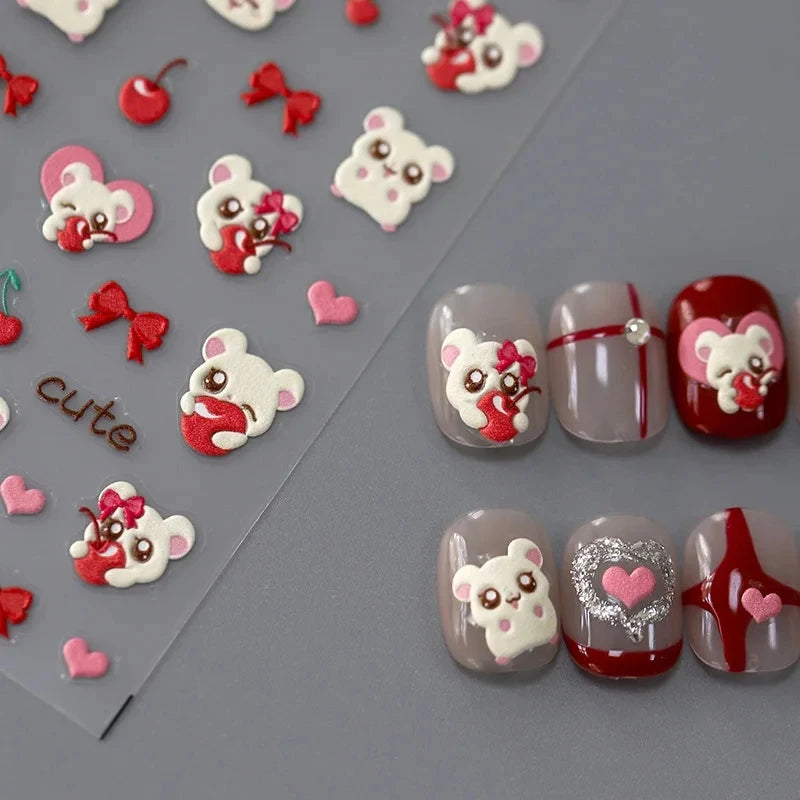 5D Embossed Reliefs Self Adhesive Nail Art Stickers Cute 3D Manicure Decals Wholesale Lovely Cartoon Red Cherry Bowknot Hamster