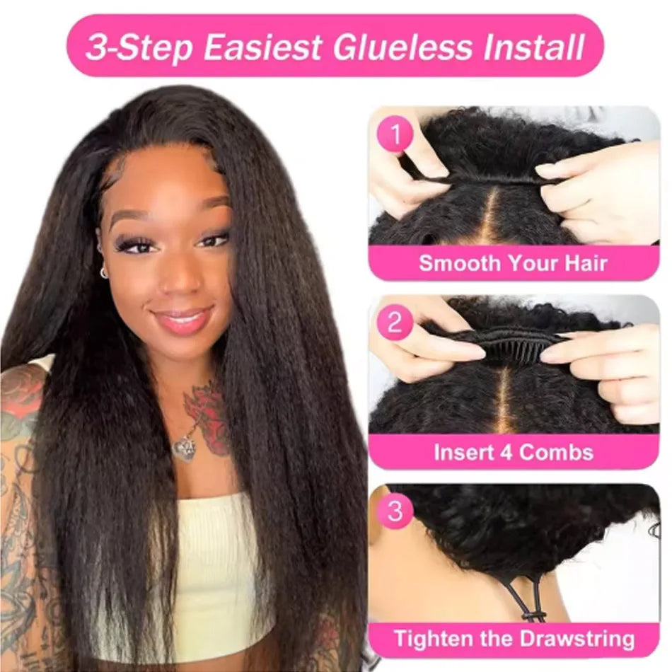 Kinky Straight Half Wig 3 In 1 Half Wig With Drawstring Flip Over Half Wig Yaki Straight Glueless Wigs Ready to Wear 250 Density