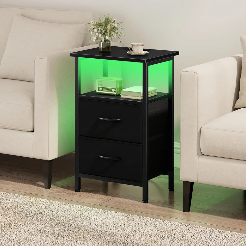 2-Piece LED Nightstand Set with Charging Station, Fabric Drawers & Storage Shelves for Bedroom