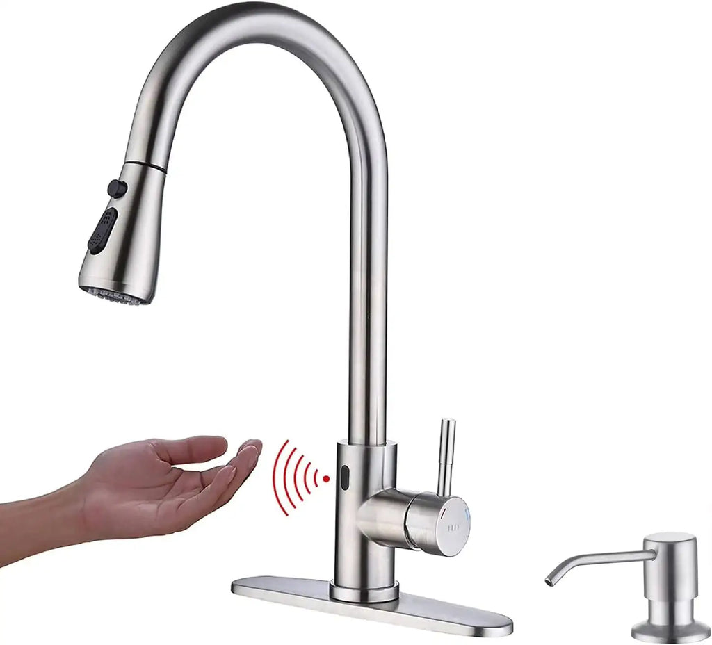 Touchless Down Sprayer, Motion Sensor With Soap Dispenser, Single High Arc Pull Out Faucet For Kitchen Sink RV, Brush Nickel