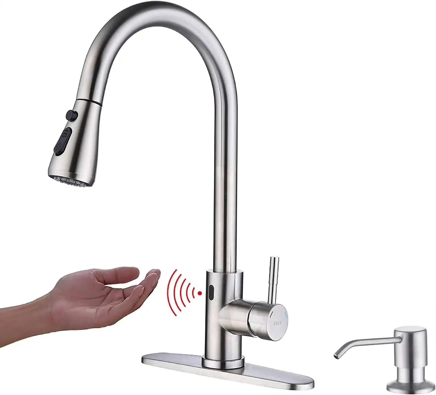 Touchless Down Sprayer, Motion Sensor With Soap Dispenser, Single High Arc Pull Out Faucet For Kitchen Sink RV, Brush Nickel