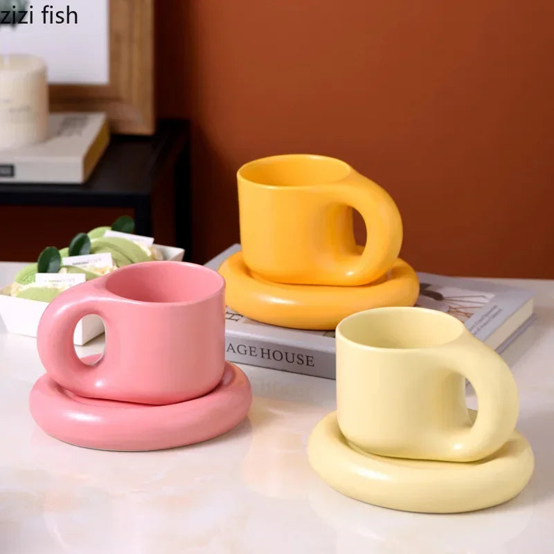 Solid Color Ceramic Mug Dish Set Creative Handle Coffee Mug Home Breakfast Cup Beverage Cup Milk Cup High Beauty Couple Cups