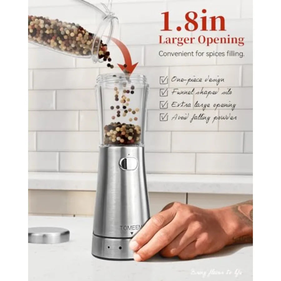 Electric Salt and Pepper Grinder Set with Storage Base Stainless Steel Rechargeable 4.5 oz Large Capacity 1.8 Wide Mouth Adjust