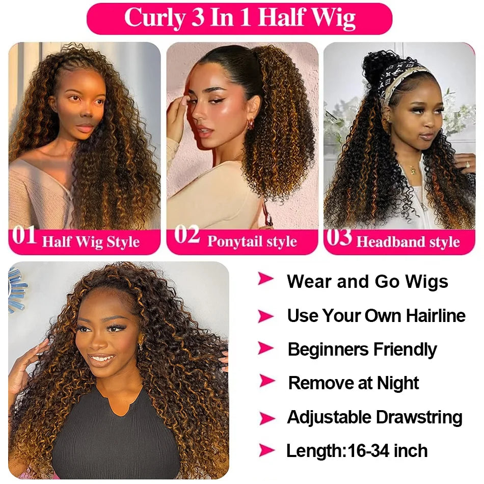 1B/30 Highlight Half Wig Human Hair Deep Wave 3 In 1 Half Wigs With Drawstring Burmese Water Curly Invisible Half Wig Human Hair