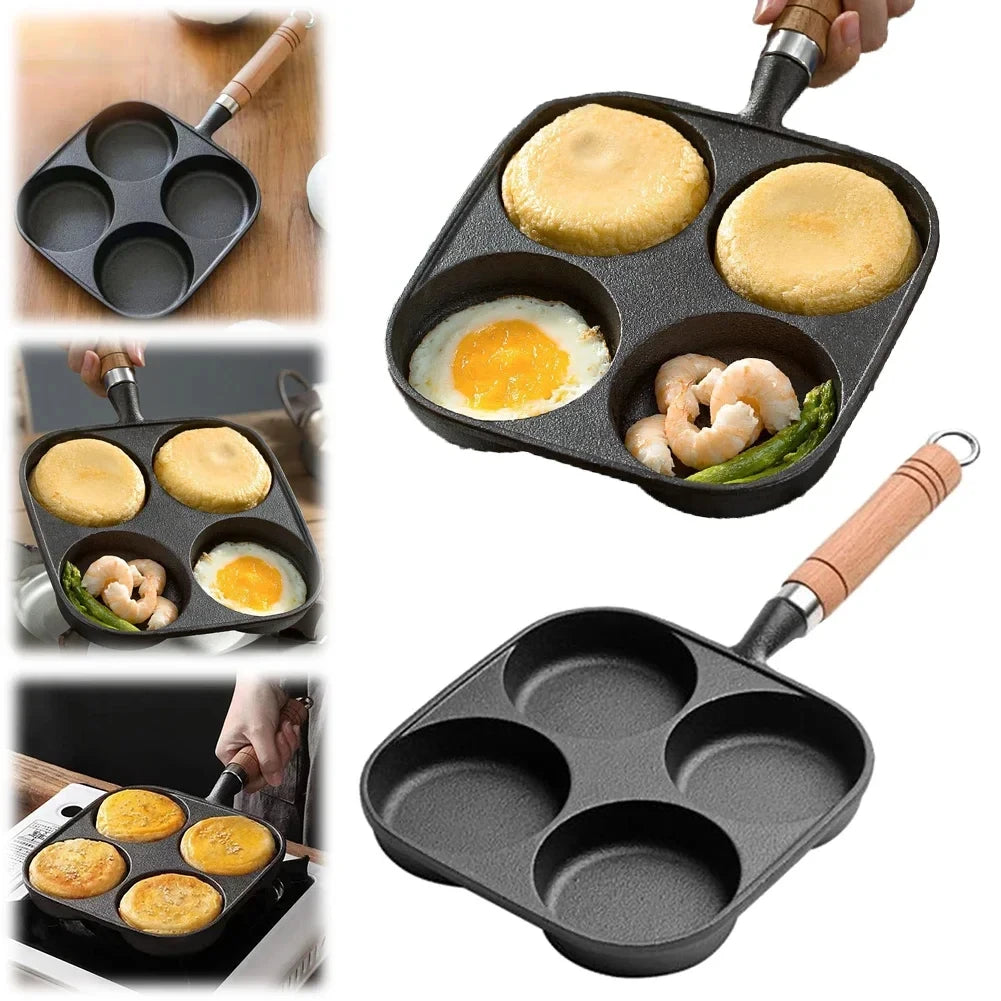 Cast iron four-hole omelette pan non-stick chemical-free coating breakfast pan household egg hamburger baking pan cooking tools