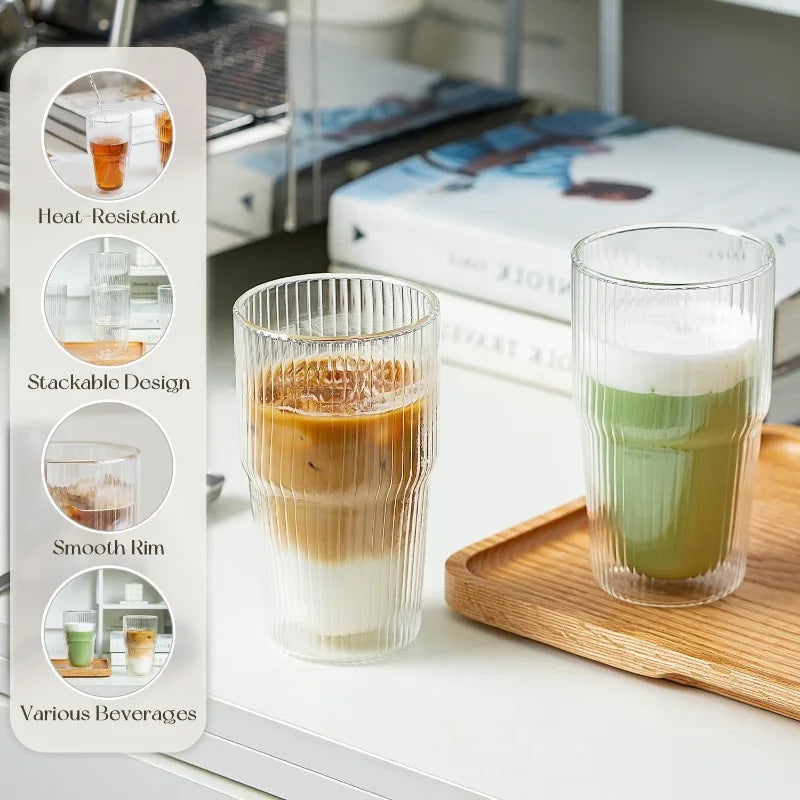 KEMORELA 2PCS Borosilicate 473ML Double Wall Tumbler Glass Coffee Mugs with Striped Design for Iced  Coffee,Bubble Tea and Juice