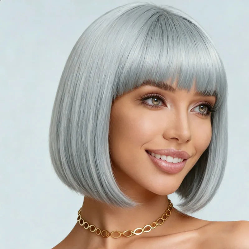 Ladies' synthetic wig silver gray 12 inch elegant style, suitable for daily parties and holidays wear