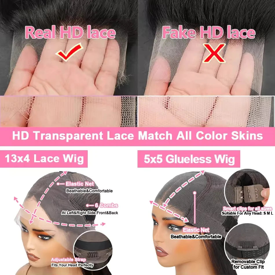 200 Density 13x4 13x6 HD Lace wig Frontal Human Hair Wigs Black Bone  40 Inch Straight Brazilian Virgin Hair  5x5 Glueless Wigs