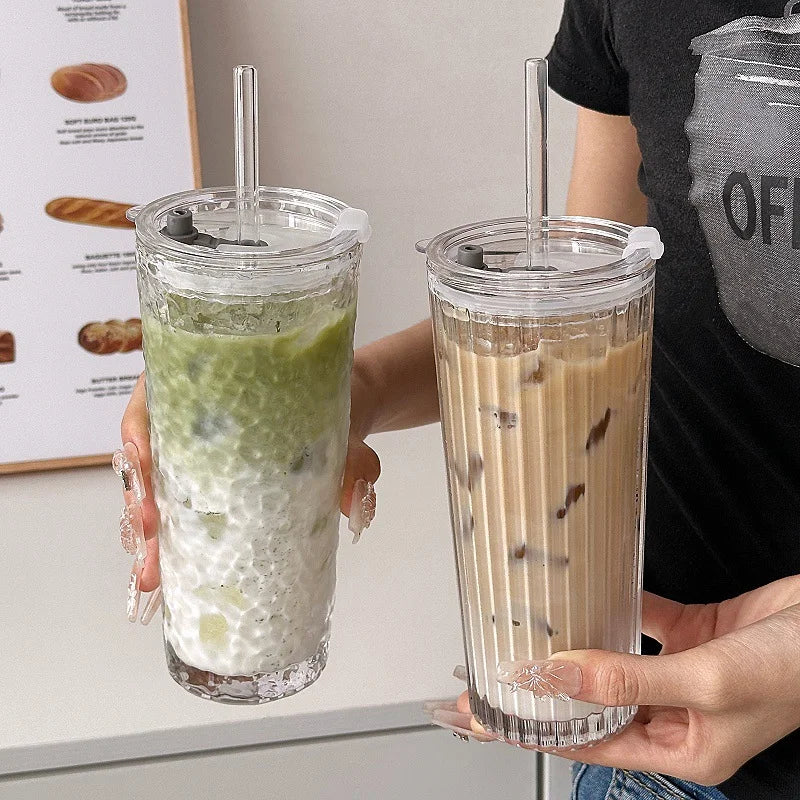 NEW Large-capacity glass cup, high appearance value, straw cup, with lid, suitable for iced Americano, latte, and juice