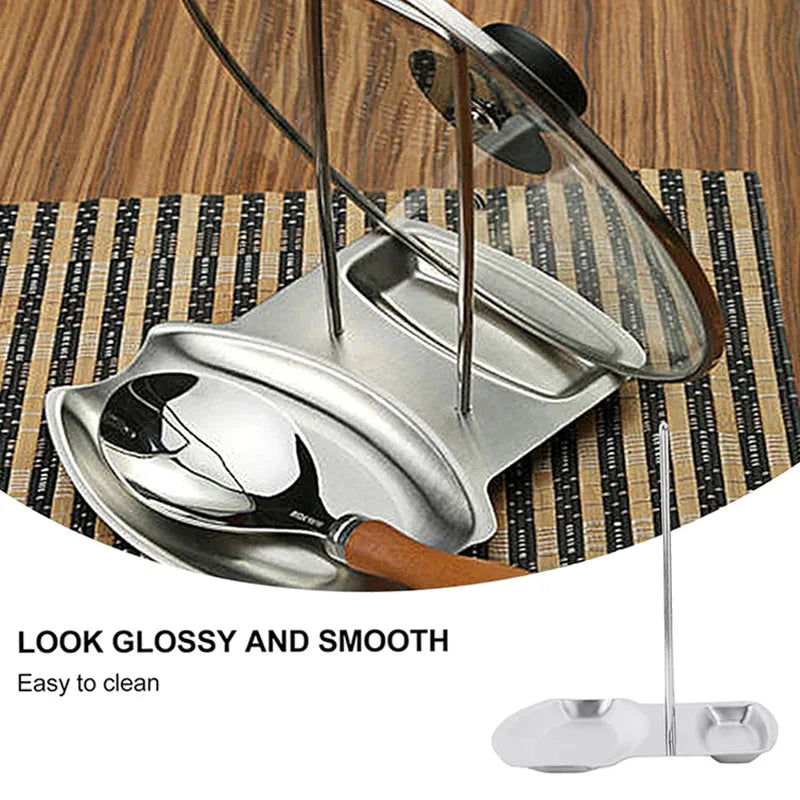 Stainless Steel Pot Lid Rack and Spoon Rest Holder Kitchen Tool for Organizing Cooking Utensils Sleek Silver Design for Countert