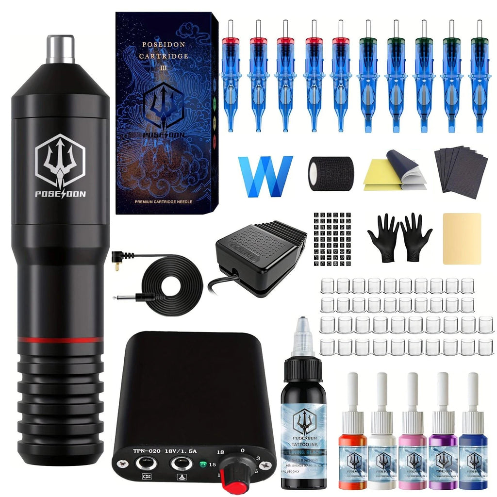 POSEIDON Tattoo Kit High Quality Tattoo Pen Kit For Permanent Makeup Tattoo Machine Kit 10PCS Tattoo Needle Black Tattoo Gun Kit