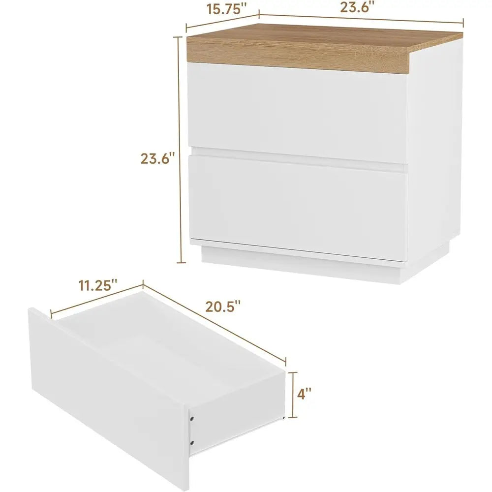 Nightstand with Oak Top, 23.7" White Night Stand with 2 Drawers, Modern Bedside Table Wood End Table for Bedroom-Customized