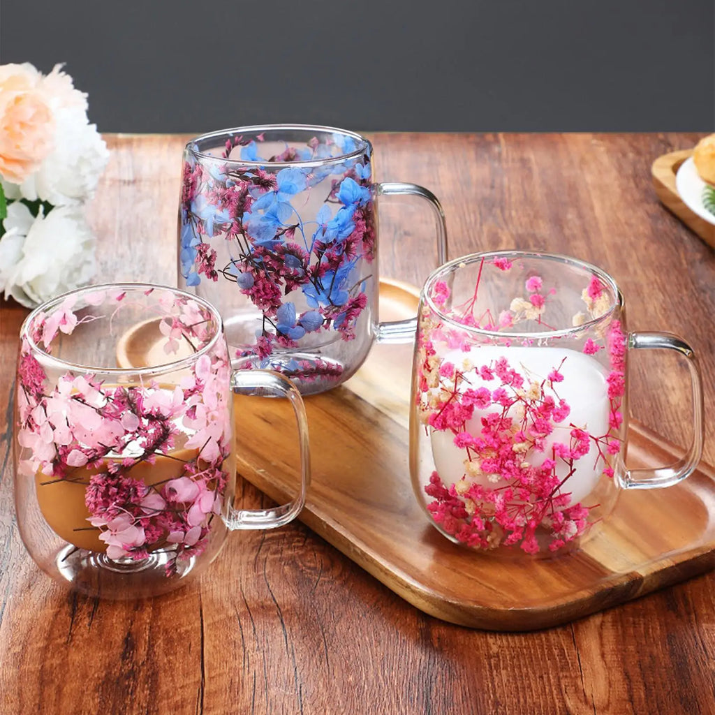 450ml Double Wall Glass Coffee Mugs Clear Glass Cups with Handle Dried Flower Design Mug for Tea Milk Latte Home Office Gift