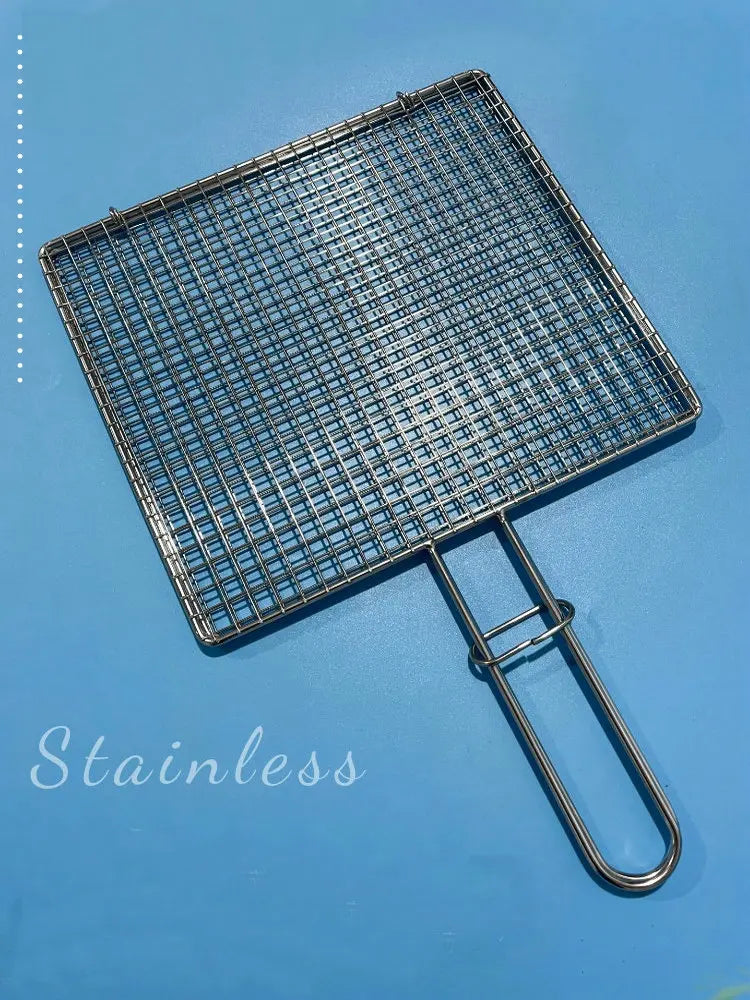 Nonstick Stainless Steel 304 Food Grade FOLDING Square BBQ Net Mesh Barbecue Grill Basket with Handle for Fish Wings Vegetable