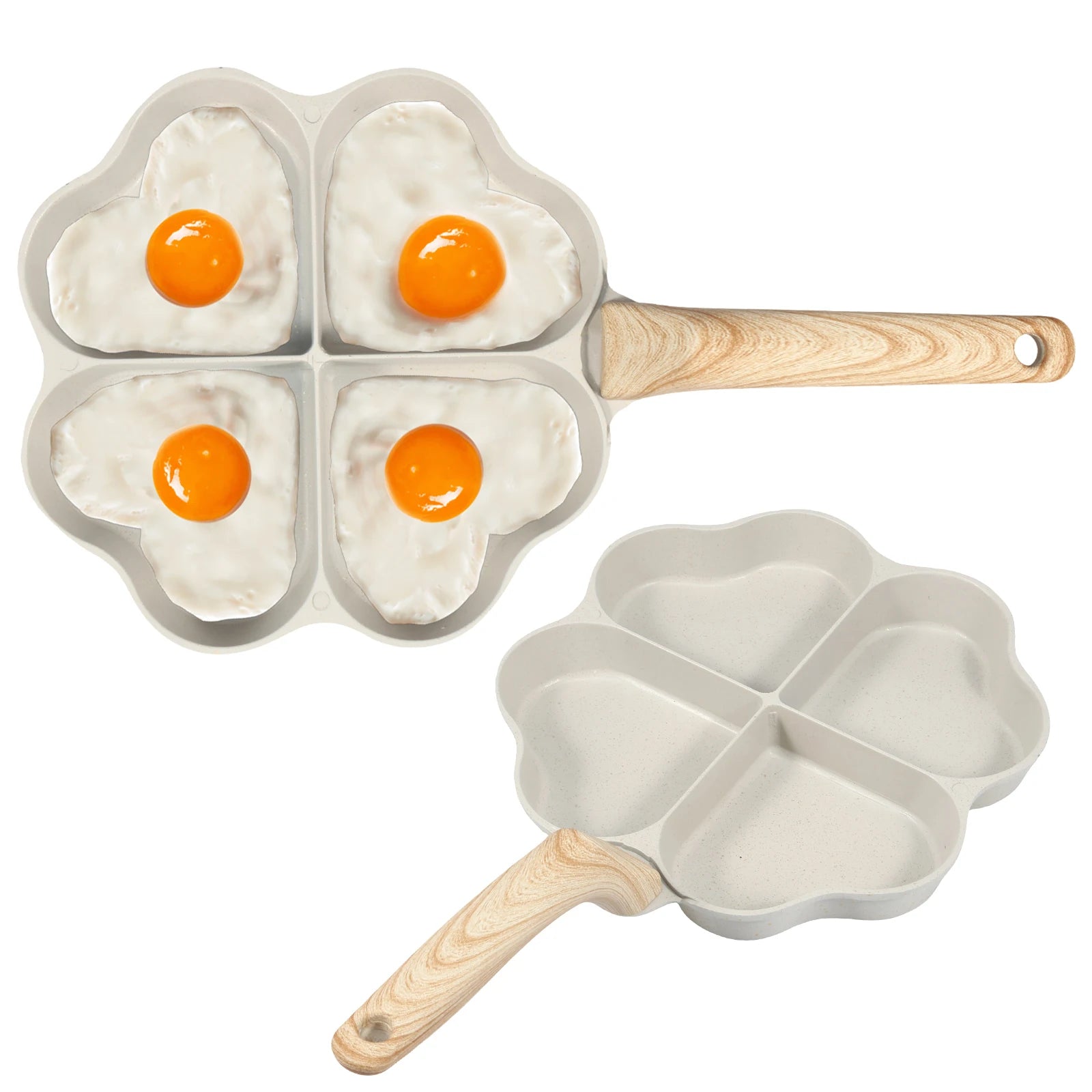 Egg Frying Pan 4-Cup Heart Omelette Pan Non-Stick Egg Skillet with Wooden Handle Aluminum Alloy Egg Cooker Pan Effortless