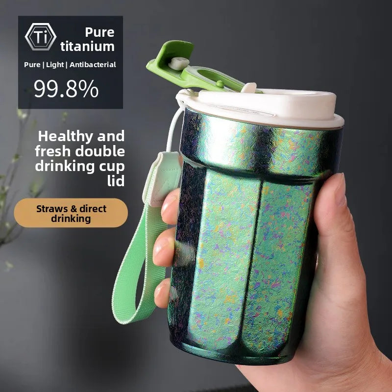 Pure titanium coffee mug with rope octagonal thermos mug, portable outdoor water cup, car leak-proof cola mug
