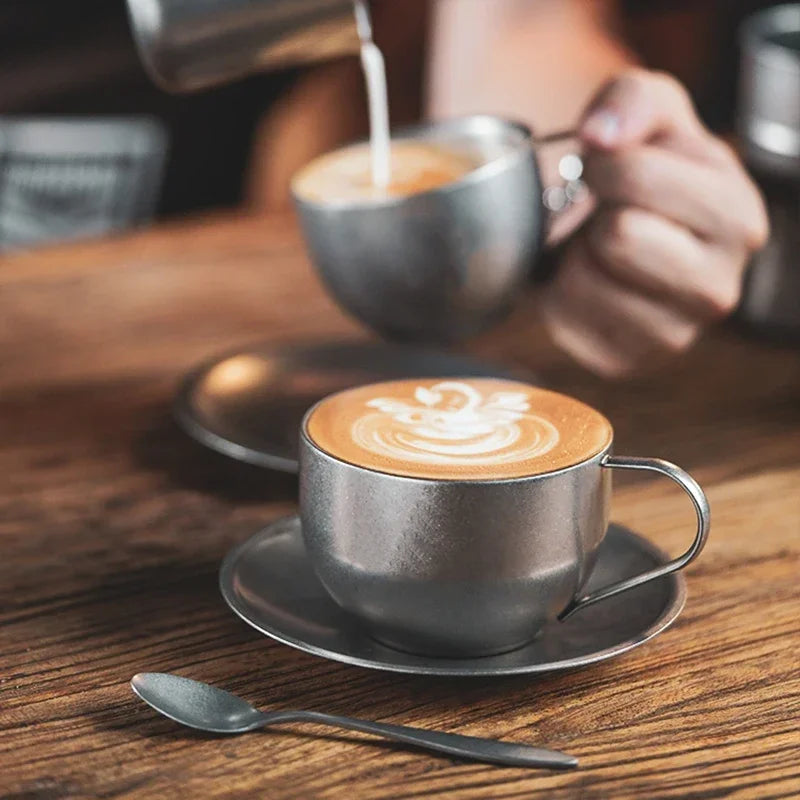 Retro Series Coffee Cup Set Double Wall 304 Stainless Steel with Coffee Spoon Coffee Disc Frosted Industrial Style Tea Cup Set