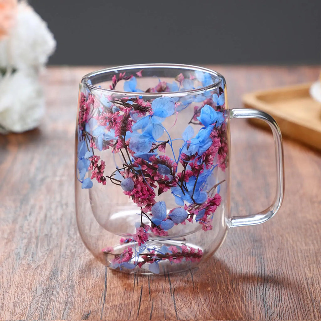 450ml Double Wall Glass Coffee Mugs Clear Glass Cups with Handle Dried Flower Design Mug for Tea Milk Latte Home Office Gift
