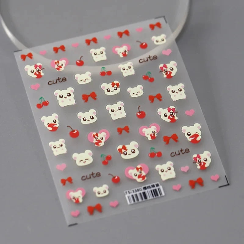 5D Embossed Reliefs Self Adhesive Nail Art Stickers Cute 3D Manicure Decals Wholesale Lovely Cartoon Red Cherry Bowknot Hamster