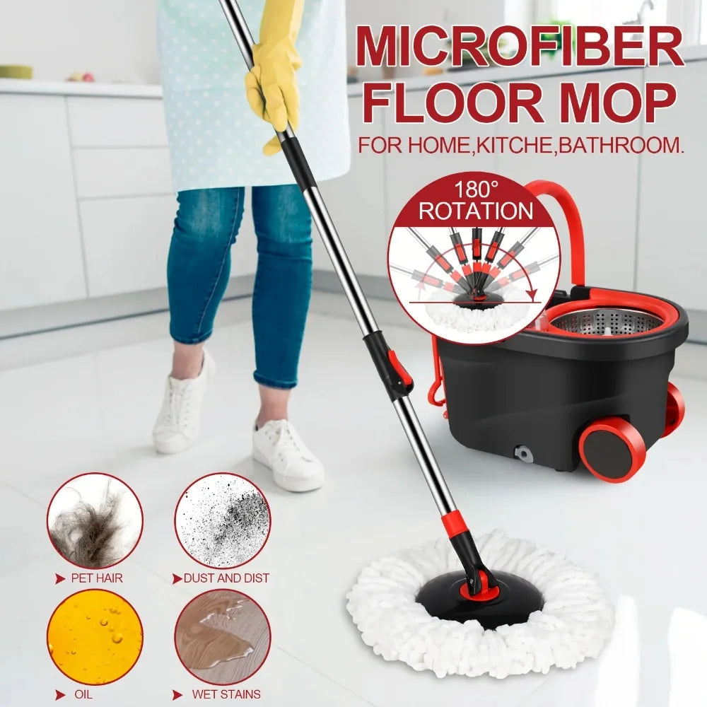 Spin Mop and Bucket with Wringer Set – 360° Spinning Mop with Stainless Steel Handle, On Wheels for All Hard Surfaces