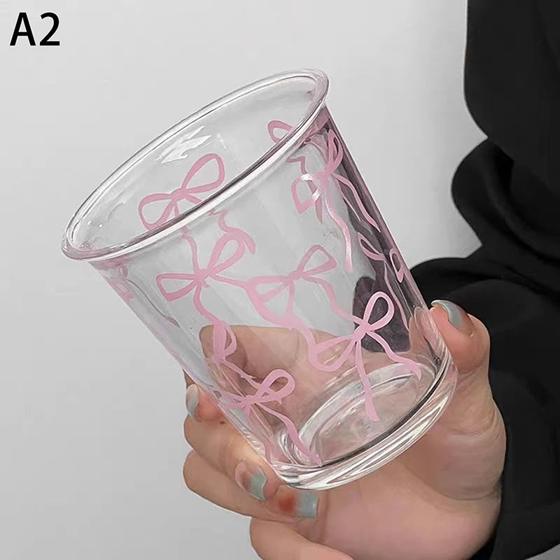 Glass Cute Water Cup Cartoon Bow Glass Cup Striped Cute Doodle Coffee Mug Household Fruit Tea Lemonade Girls Gift
