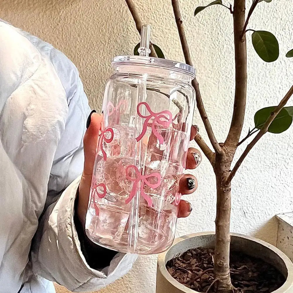 Cute Bow Glass Cup Tumbler Mason Jar Shaped Water Bottle With Lids Straw Coffee Cups Party Gift for Iced Coffee Juice Cup Gift