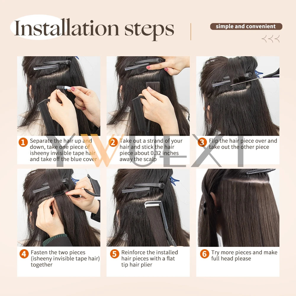 YWUEXT Invisible PU Skin Weft Hair Extensions Natural Straight Machine Remy Seamless Adhesive Tape In Human Hair 10pcs/pack