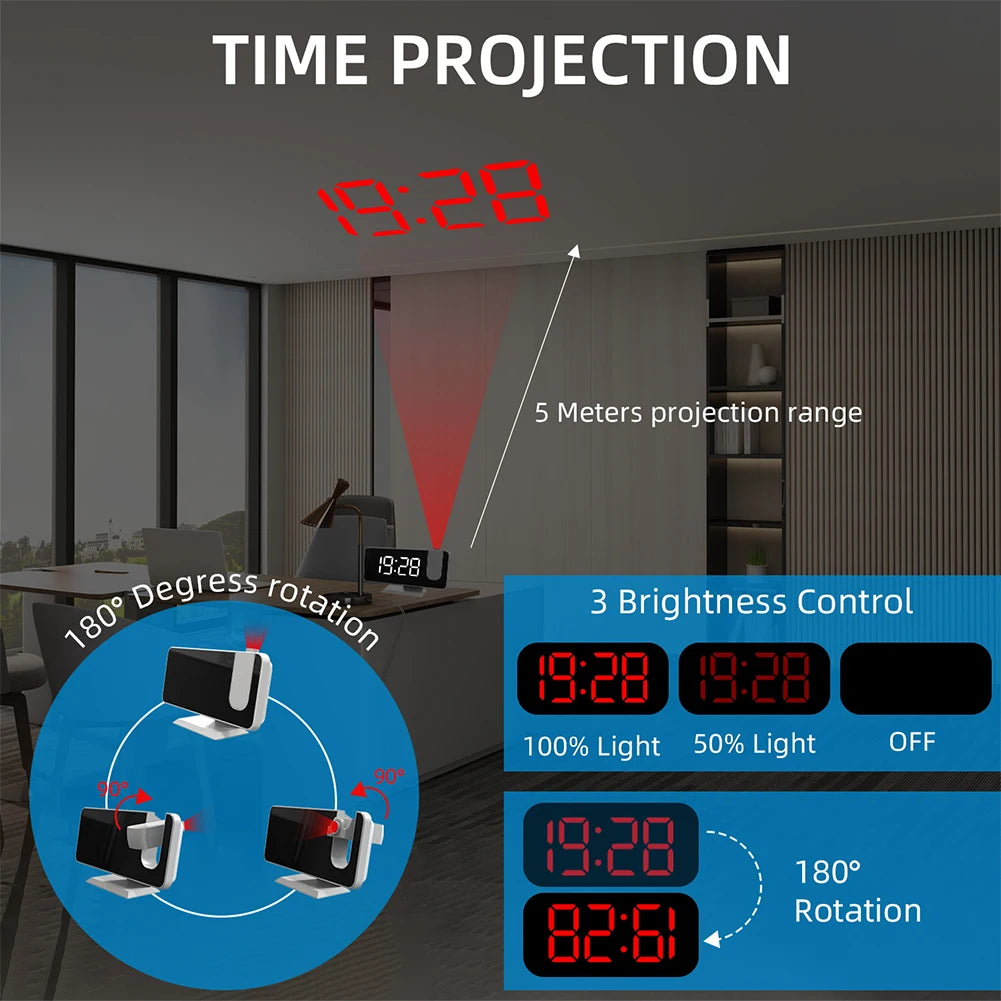Digital Projection Alarm Clock Large LED Display 180° Rotatable Projector & Dimmer 12/24H DST With Time Temperature for Home Bed