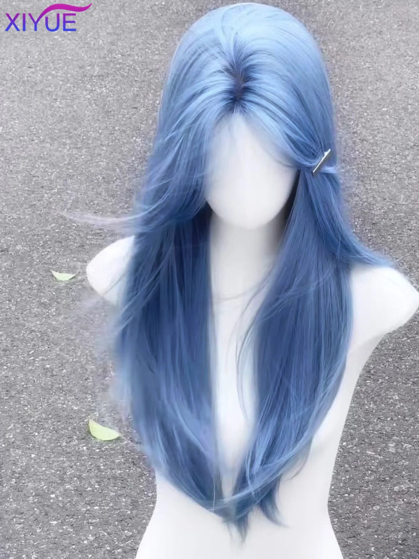 Long Straight Synthetic Wigs Light Blue with Ash Highlight Cosplay Wig with Bangs for Women Natural Hair Heat Resistant Fiber