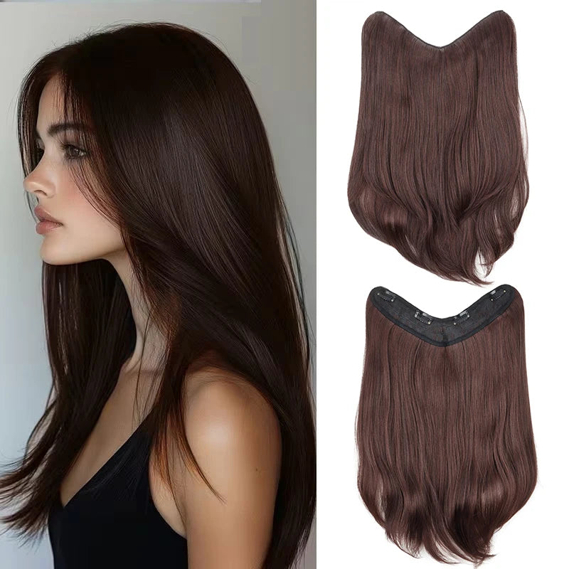 16Inch Synthetic Long Straight V-Shaped Hair Extensions 4 Clips Black Brown Hairpiece for Adding Volume Women Daily Party Use