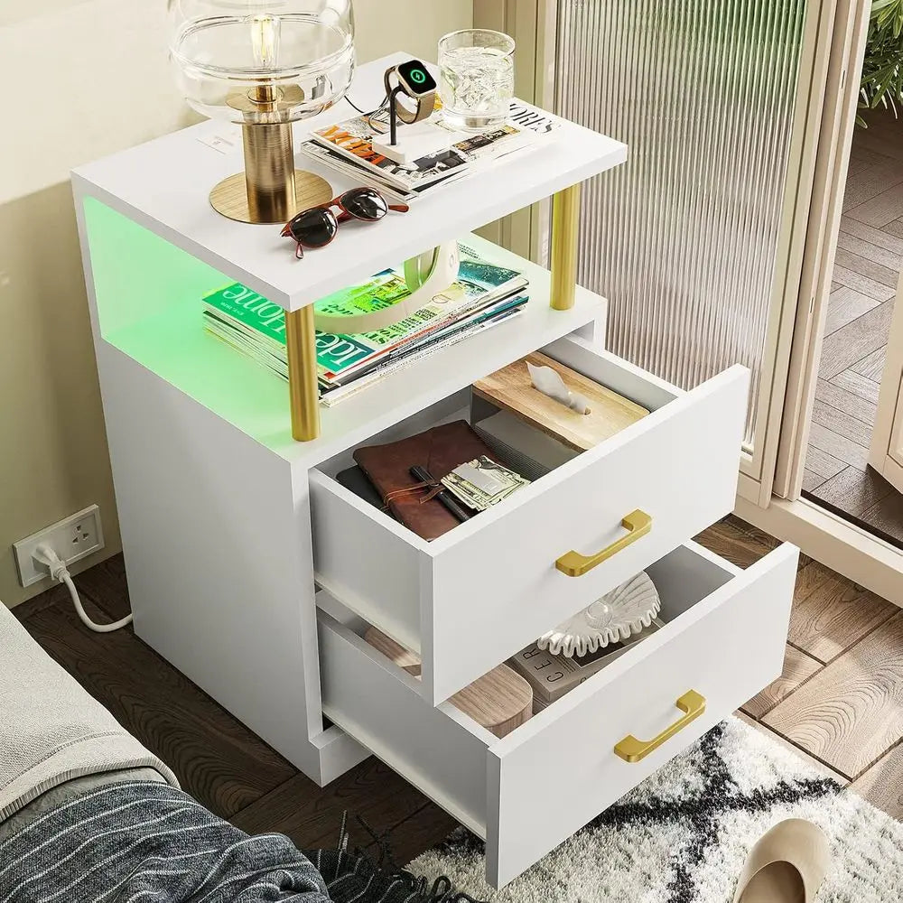 LED Night Stand with Charging Station and USB Ports, White Night Stand with 2 Drawers, Modern End Side Tables-Customized