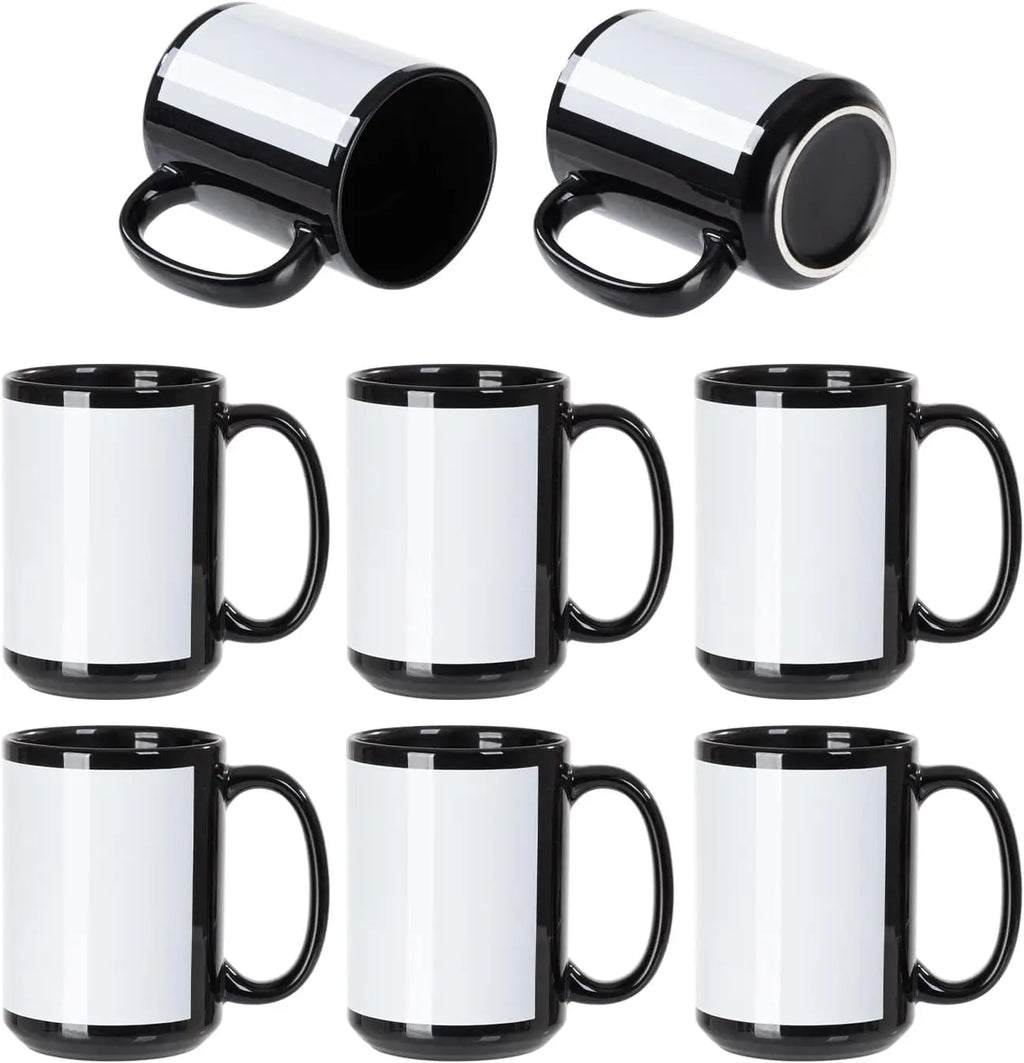 Life 8 Pack Sublimation Coffee Mugs Blanks Black with White Patch 15 OZ Ceramic Photo Mugs Cups Bulk for Cricut Mug Press Print