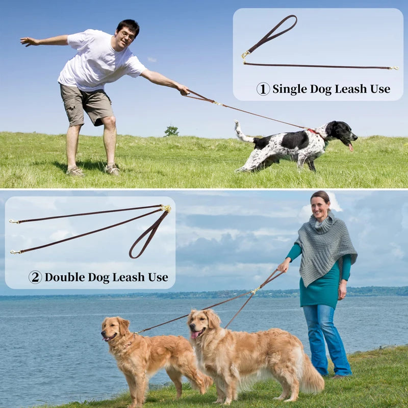 Benepaw Genuine Leather Double Dog Leash Durable Heavy Duty No Tangle Dual Puppy Pet Leads For Small Medium Dog Walking Training
