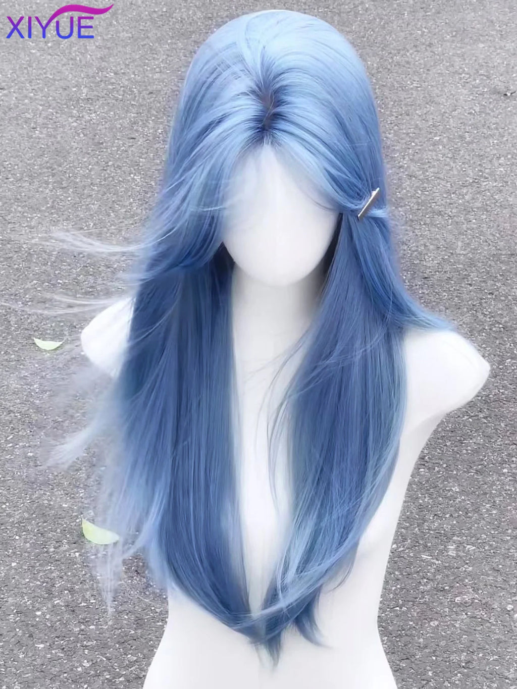 Long Straight Synthetic Wigs Light Blue with Ash Highlight Cosplay Wig with Bangs for Women Natural Hair Heat Resistant Fiber