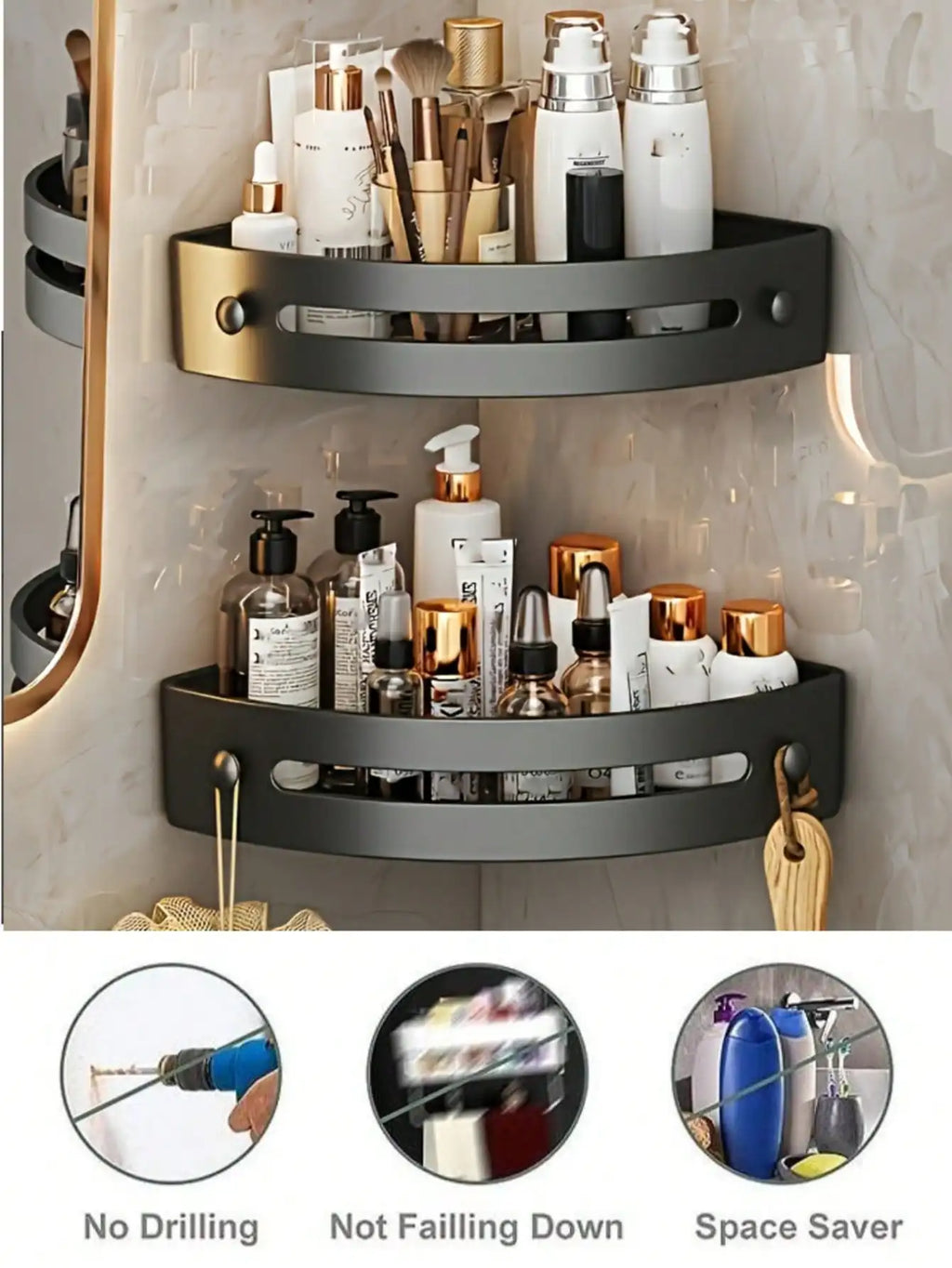 1/2Pcs Wall Mounted Corner Rack: No-Drill Black Bathroom Shampoo Towel Holder