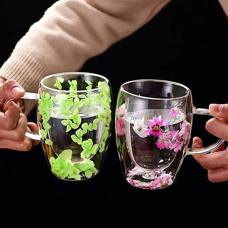 1PC INS Trends High Borosilicate Glass Tea Coffee Cup Floral Dry Flowers Cup Simple Heat Resistant Double Wall Glass Cup