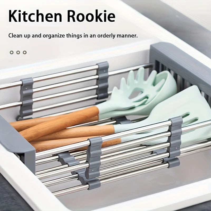 2025 Stainless Steel Extendable Sink Drying Rack - Adjustable Kitchen Drain Basket for Dish/Fruit Organizing Storage Tool
