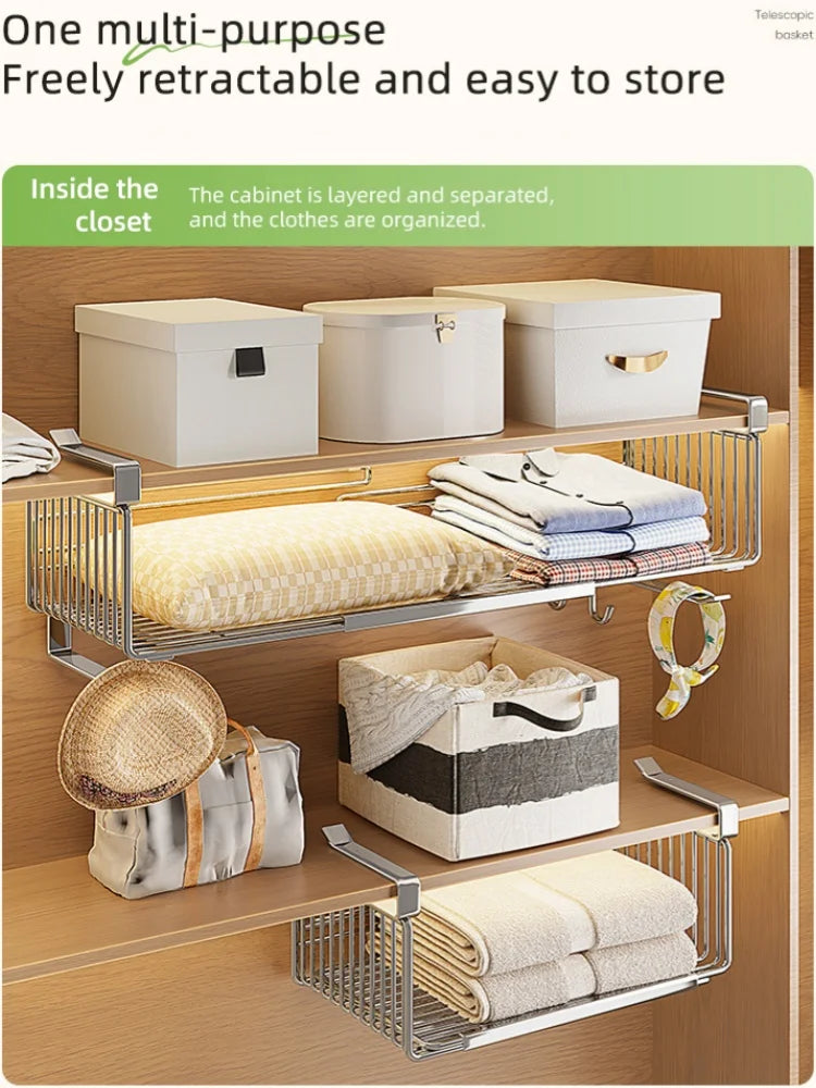 Kitchen Stainless Steel Retractable Hanging Basket Storage Organization Accessories Bathroom Multi-purpose Cabinet Under Shelves